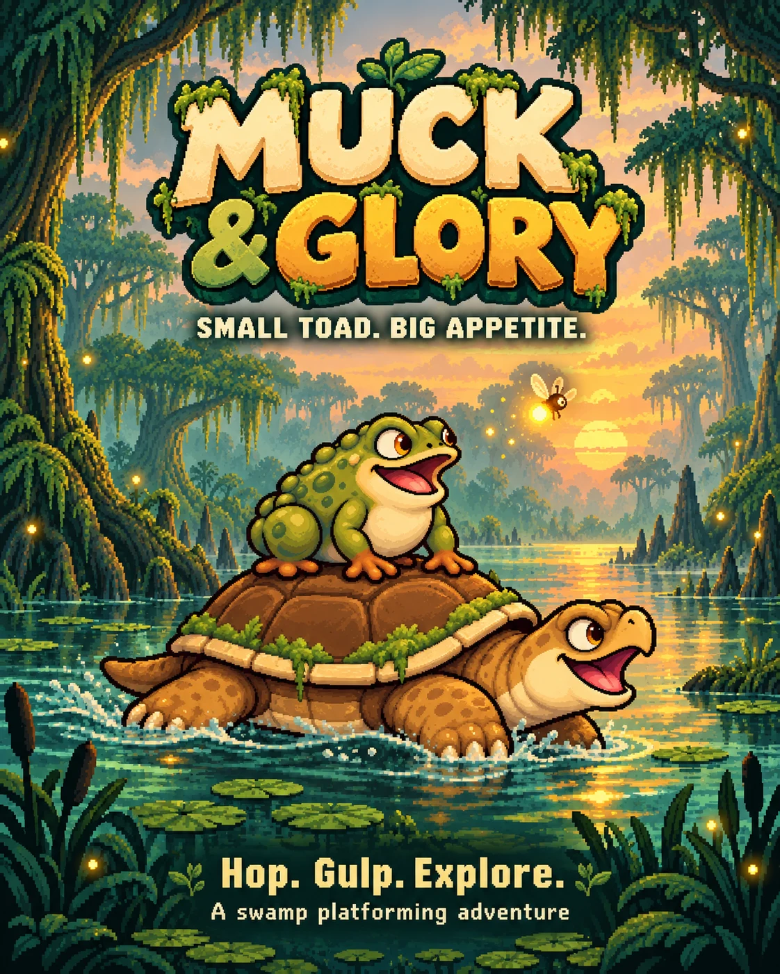 Muck & Glory: a cheerful toad rides a turtle through a golden swamp.