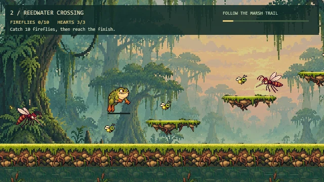 Gameplay in Reedwater Crossing, with grassy platforms above swamp water.